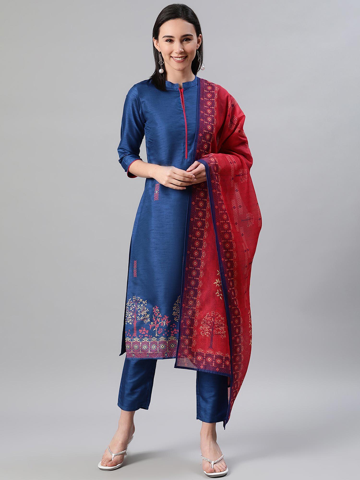 blue colour foil print straight kurta and pant with dupatta (set of 3)