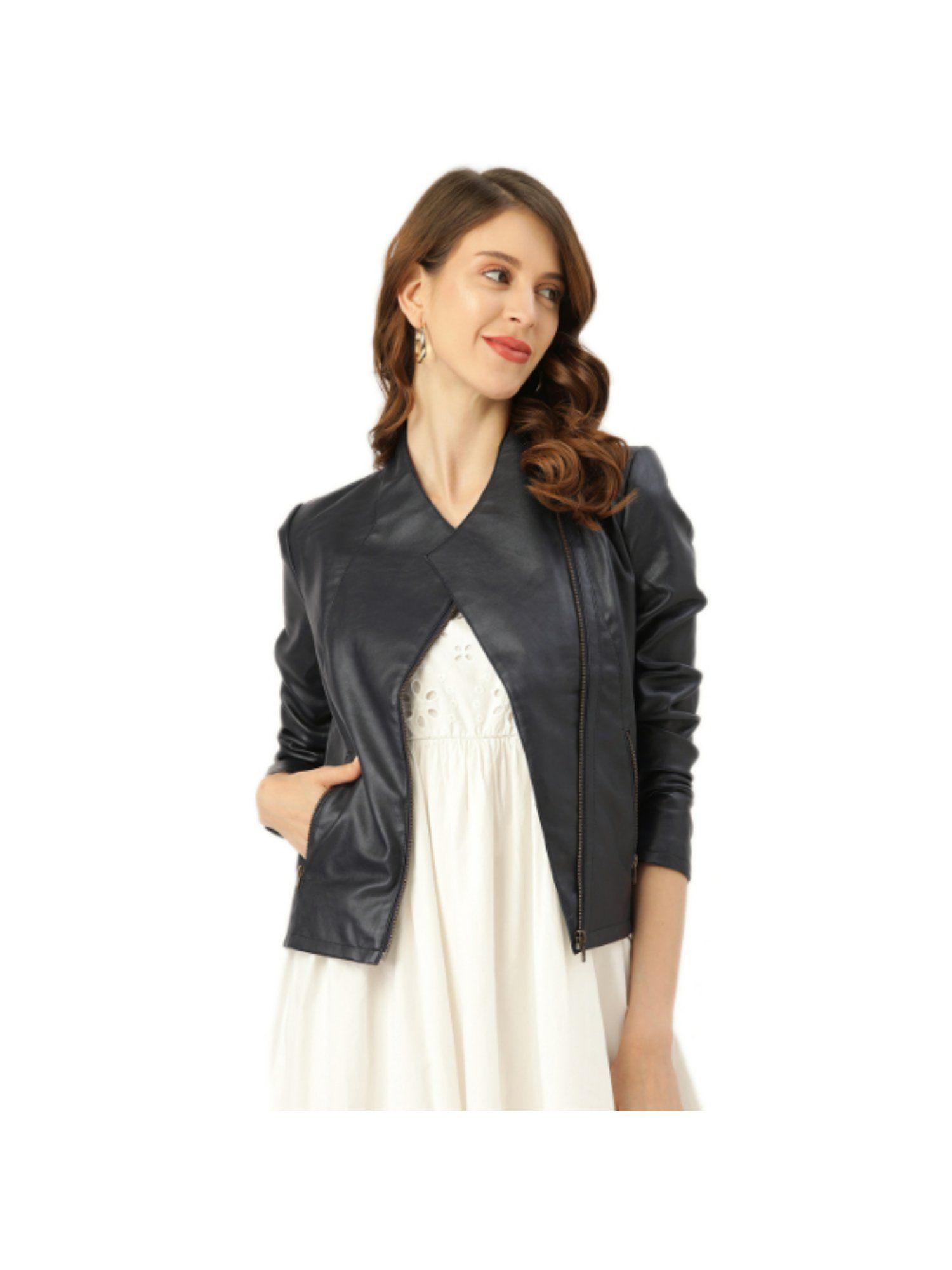 blue colour italian style faux leather jacket for woman