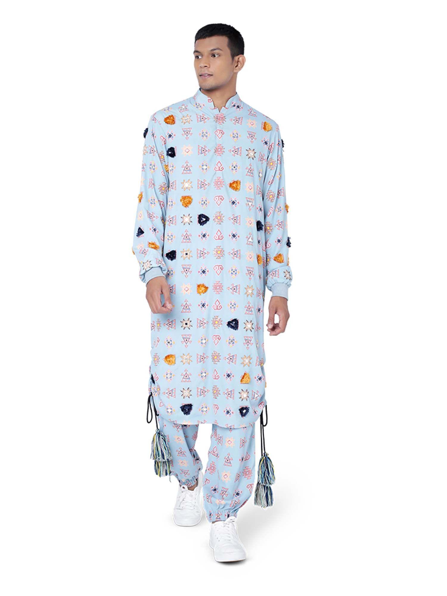 blue colour printed art crepe kurta with jogger pant - set of 2