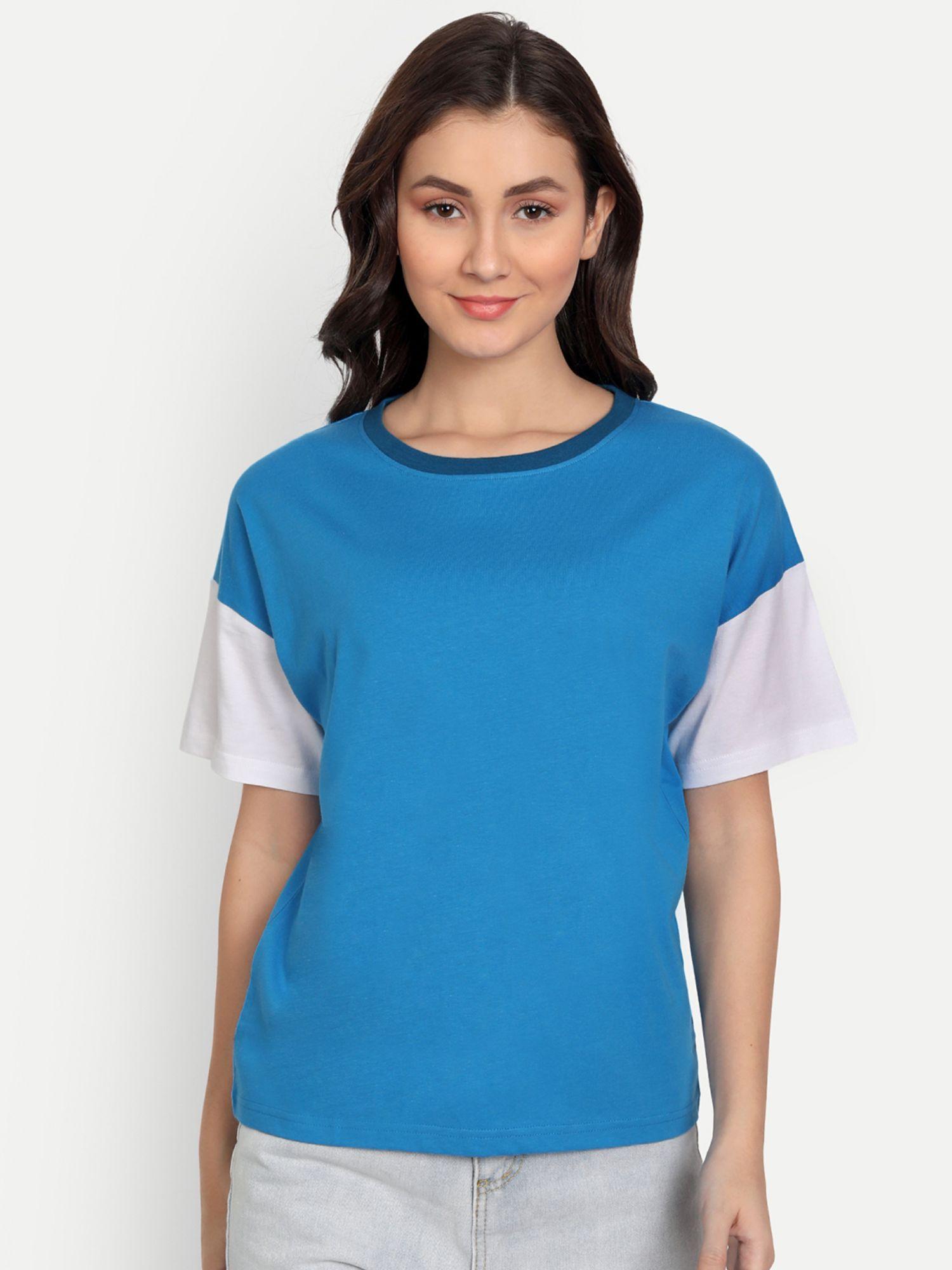 blue colourblock short sleeve t-shirt