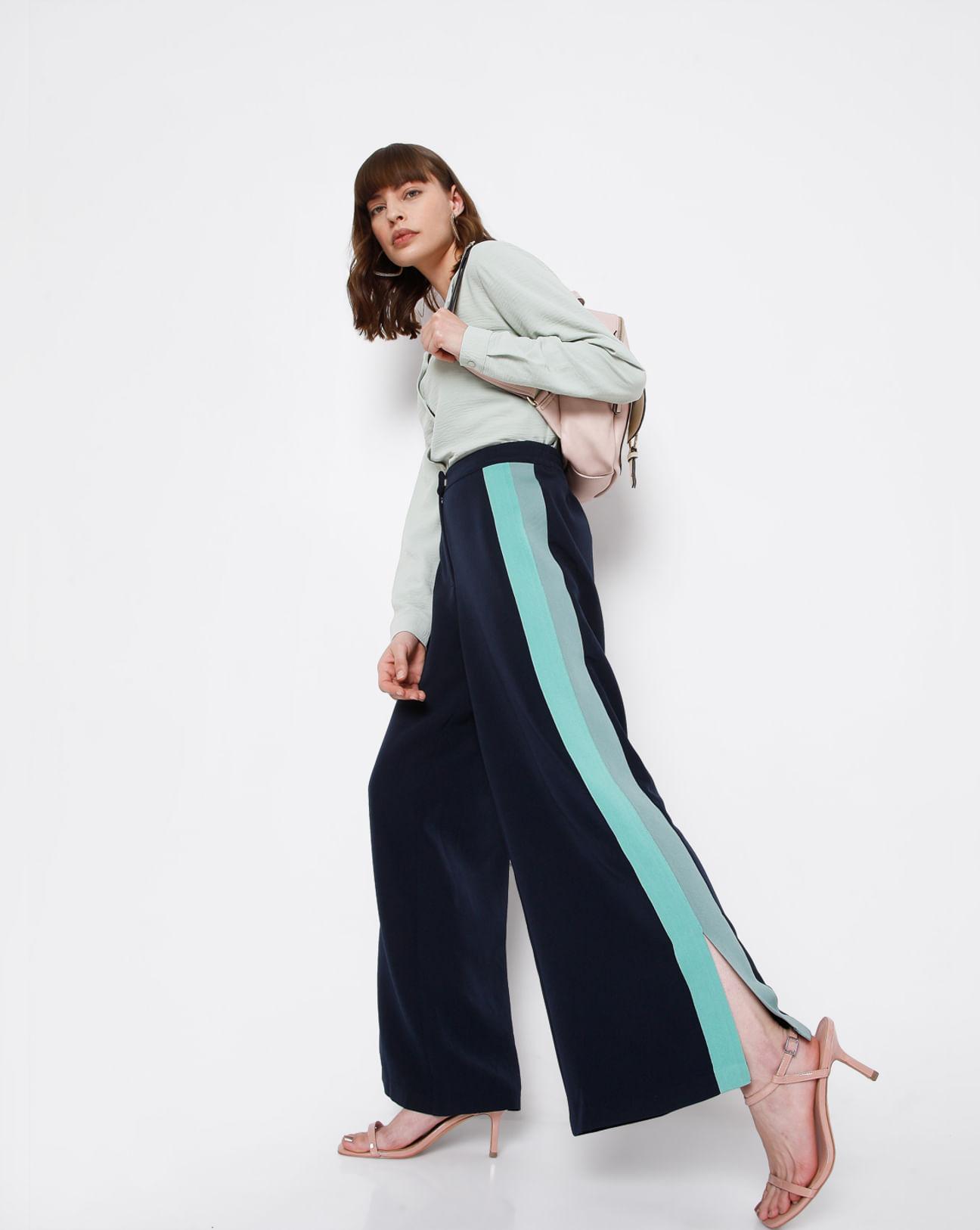 blue colourblocked wide leg pants