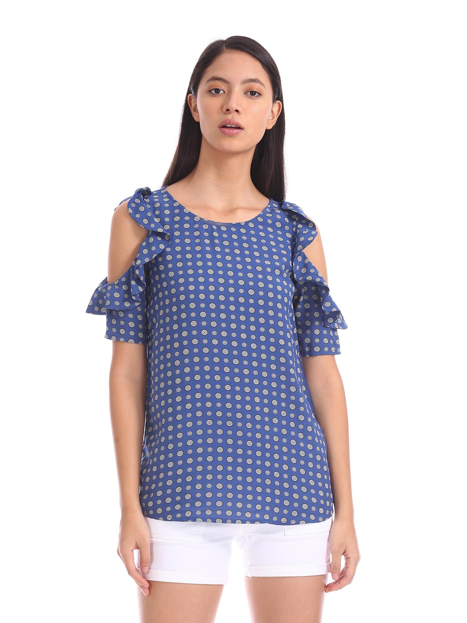 blue contrast print cold shoulder top