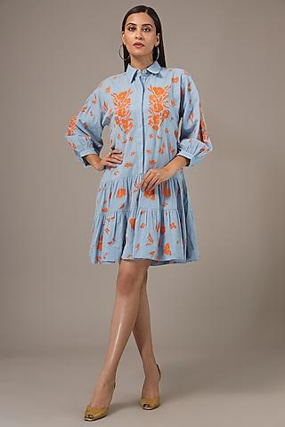 blue cotton & linen embroidered mini dress