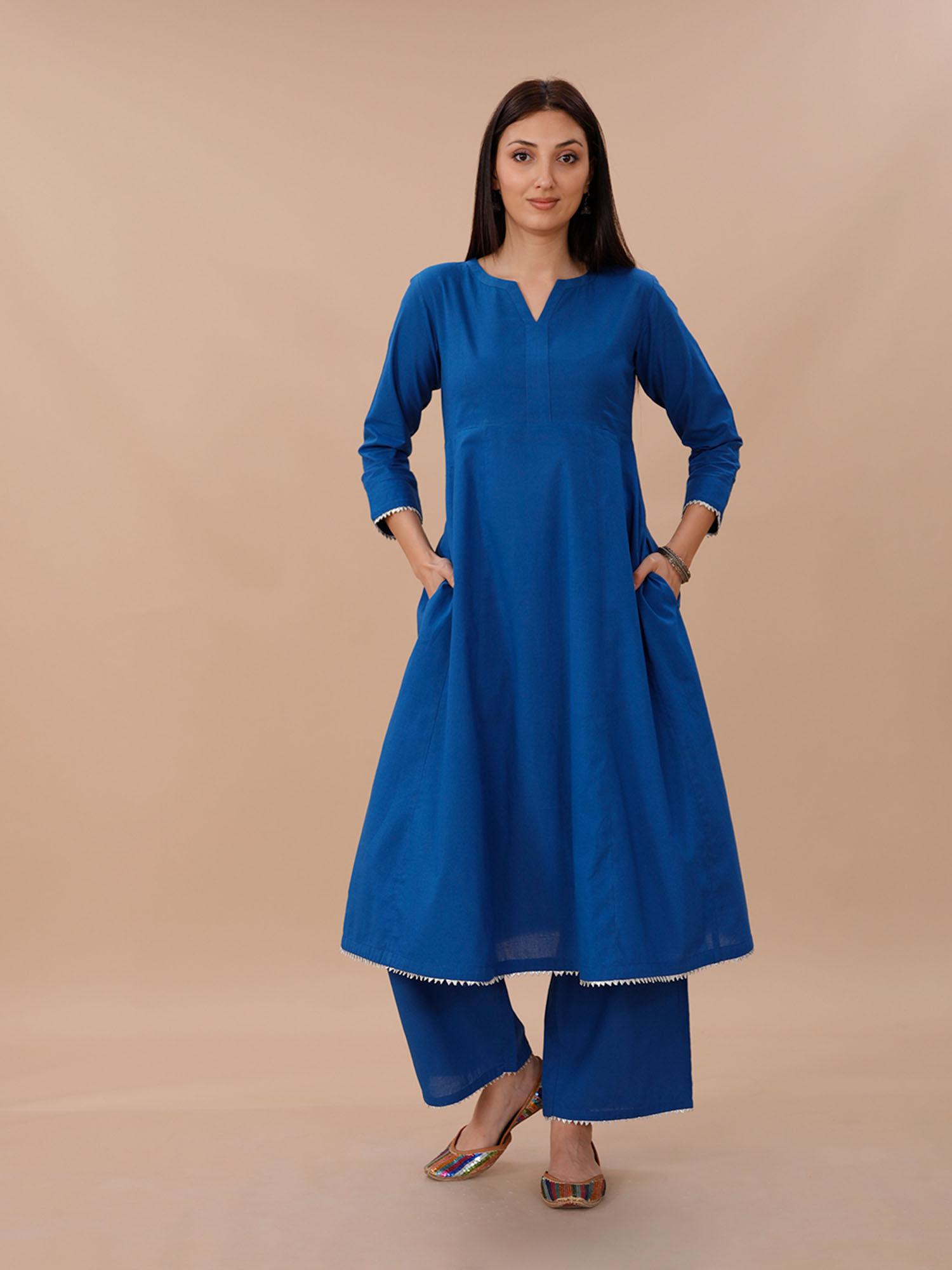 blue cotton a line kurta and loose pants (set of 2)