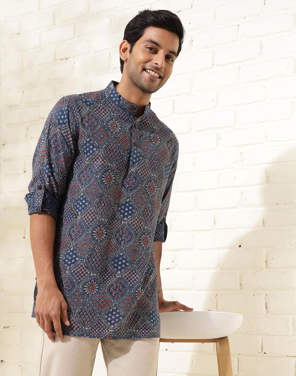 blue cotton ajrakh printed slim fit short kurta