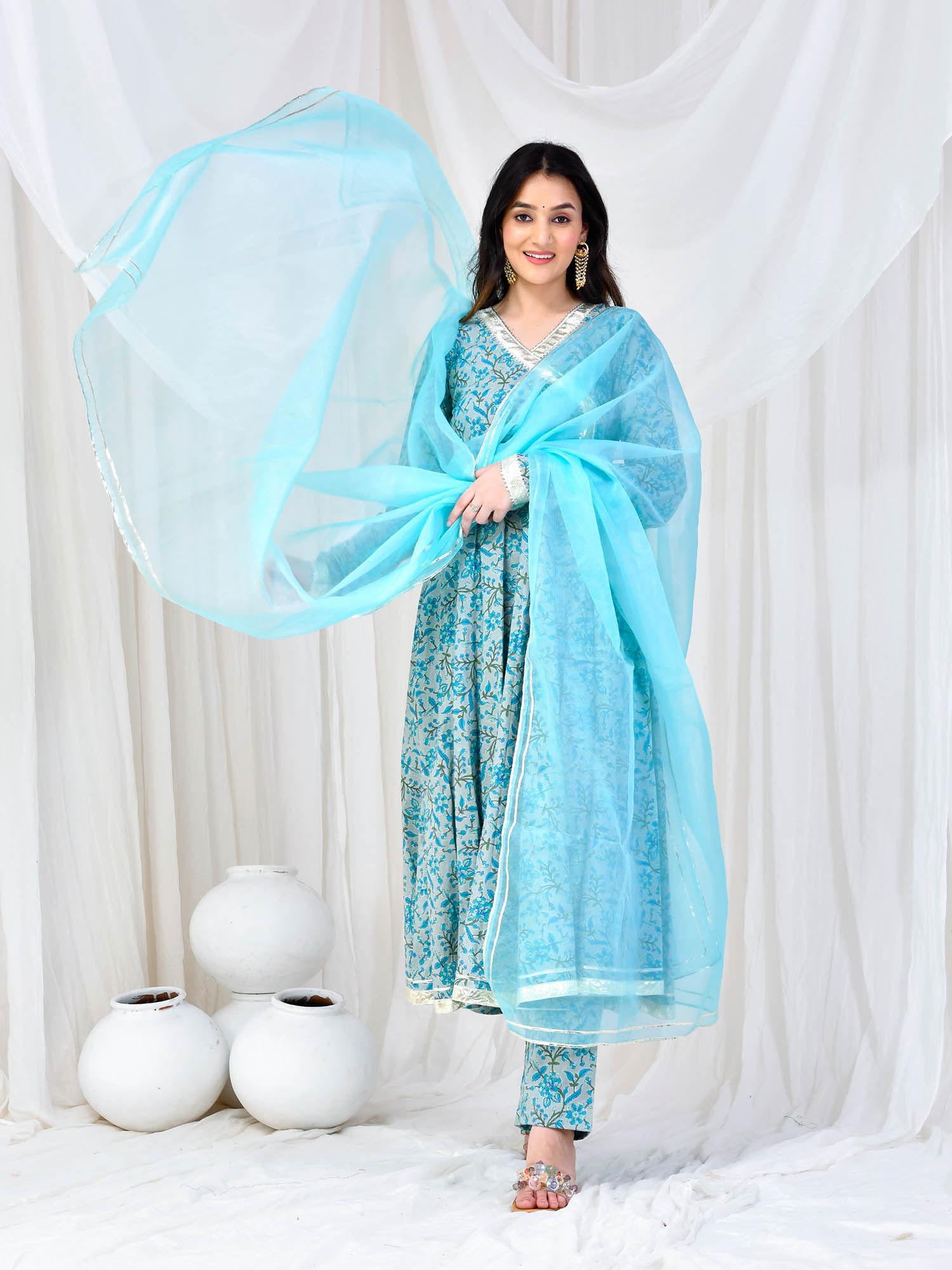 blue cotton anarkali with pant and dupatta (set of 3)
