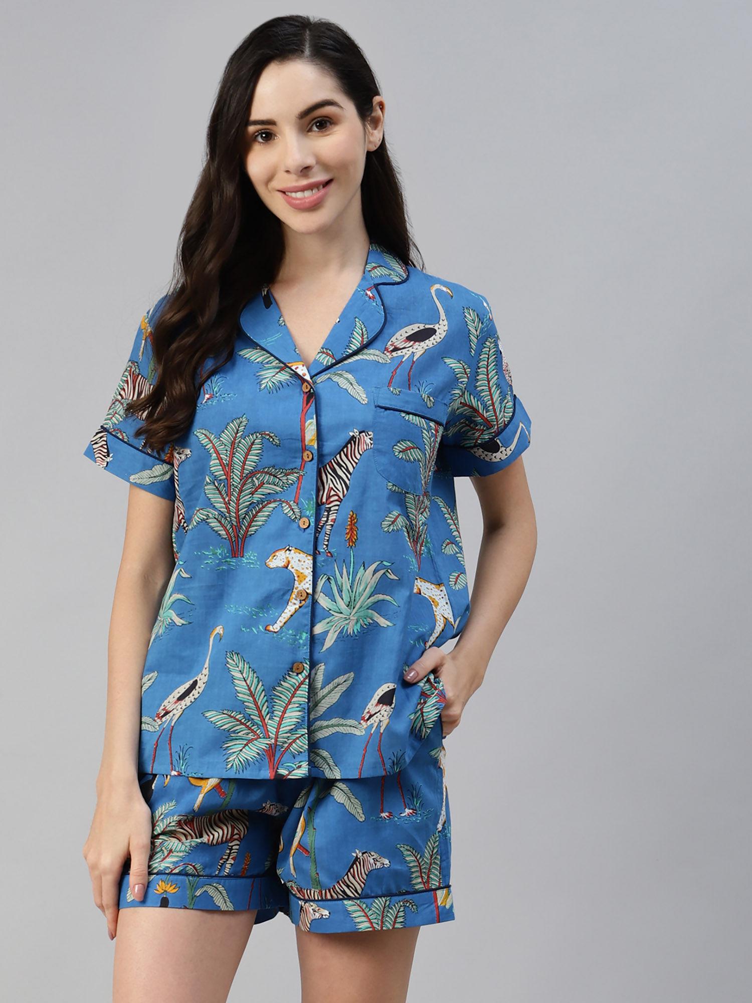 blue cotton animal print night suit (set of 2)