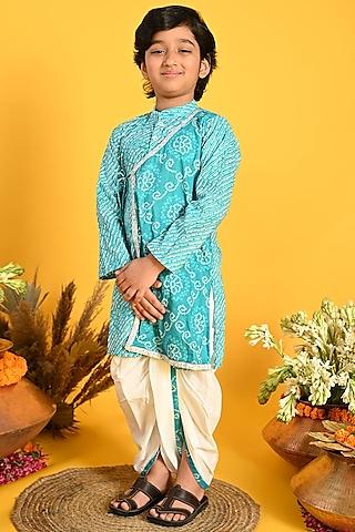 blue cotton bandhani printed kurta set for boys