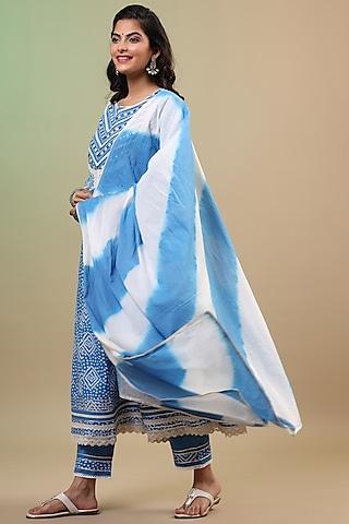 blue cotton bandhej printed anarkali set