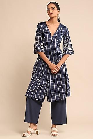 blue cotton blend checkered printed kurta set