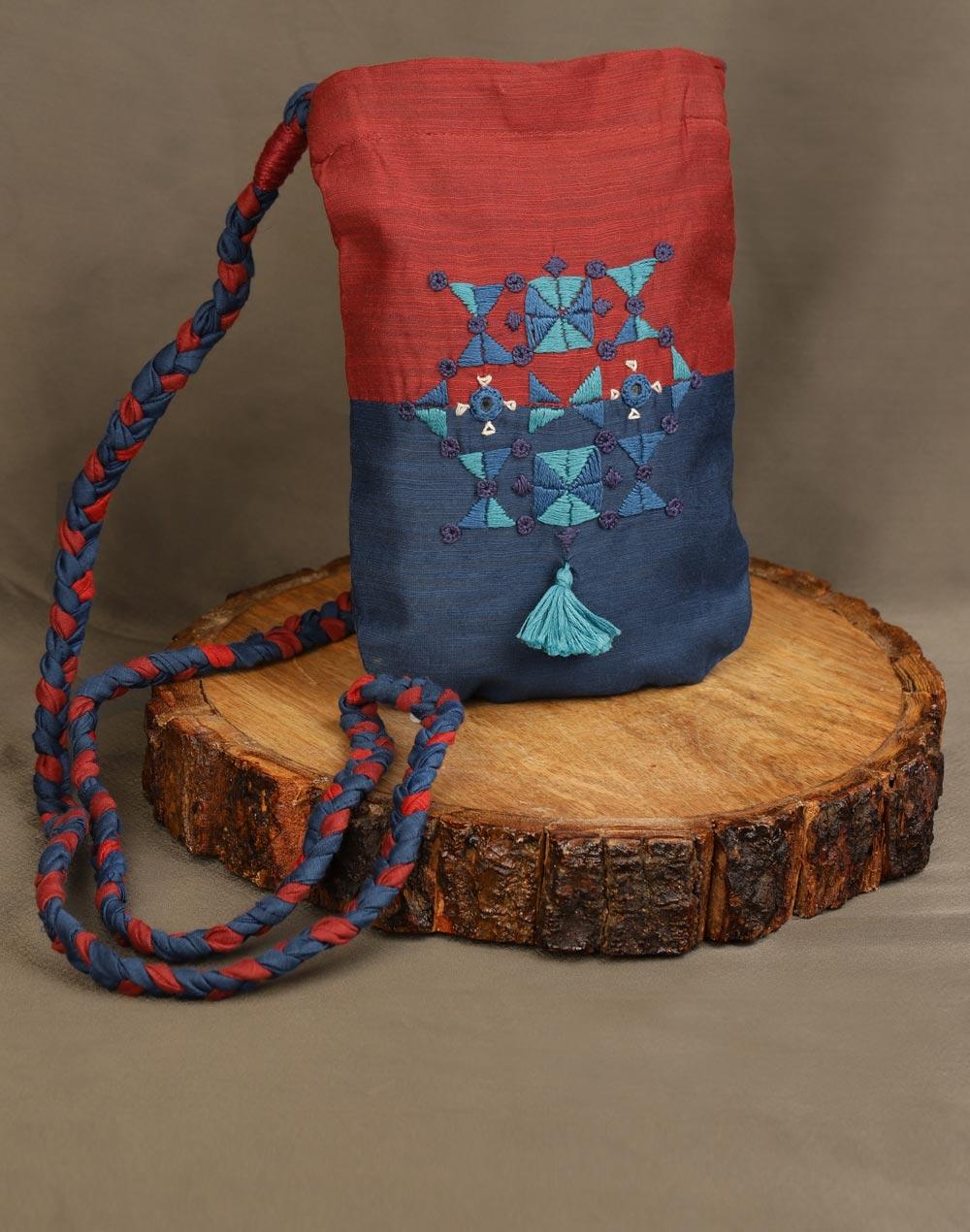 blue cotton blend embroidered mobile pouch