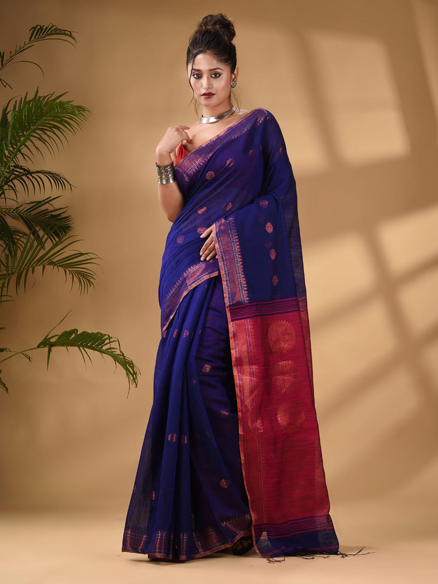 blue cotton blend handwoven saree with unstitched blouse