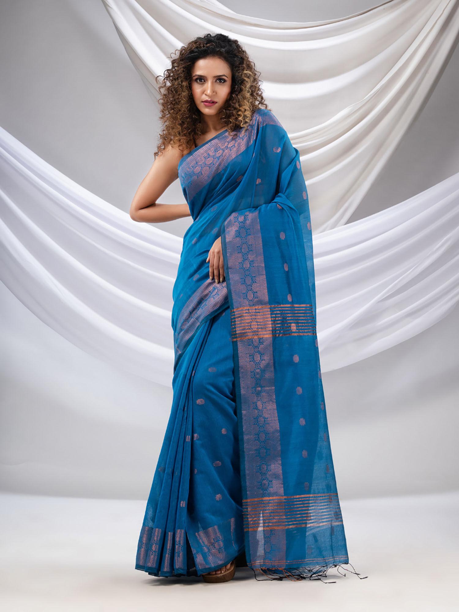 blue cotton blend handwoven saree with zari borders with unstitched blouse