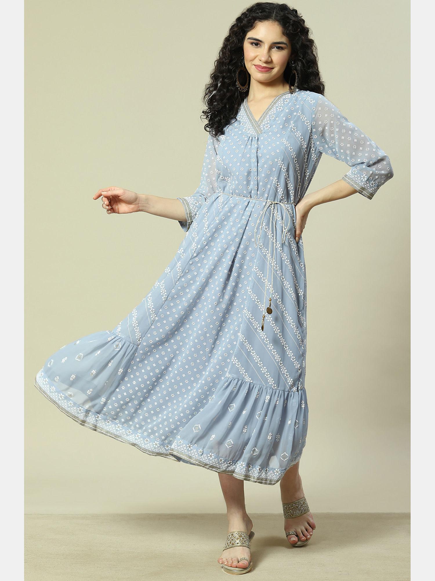 blue cotton blend kalidar dress with belt (set of 2)