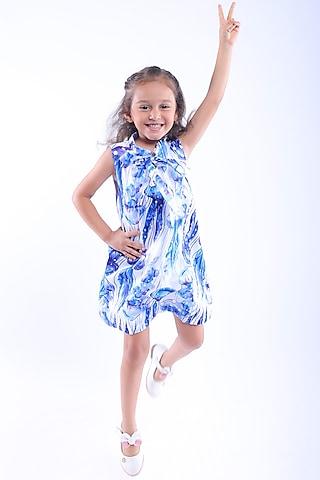 blue cotton blend printed & sequins embroidered dress for girls