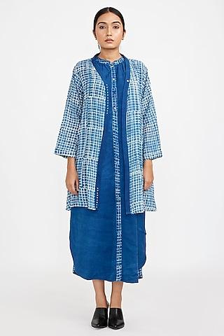 blue cotton blend printed jacket dress