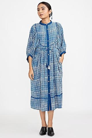 blue cotton blend printed midi dress