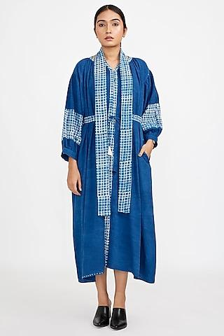 blue cotton blend printed midi dress