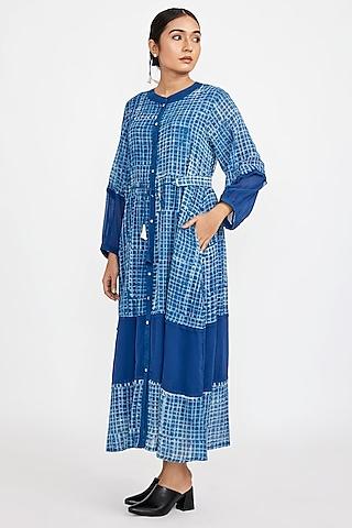 blue cotton blend printed shirt dress