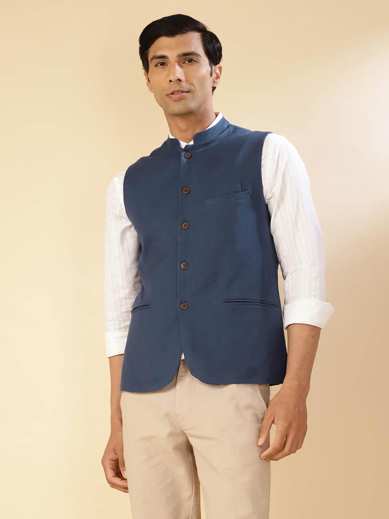 blue cotton blend slim fit nehru jacket