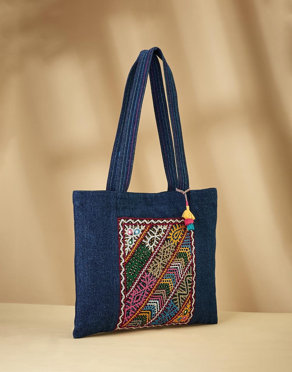 blue cotton blend tote