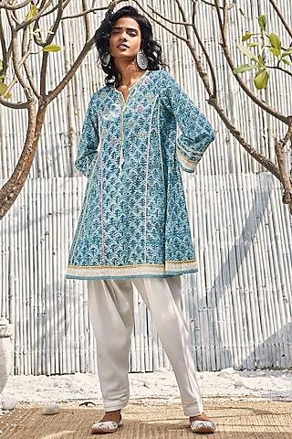 blue cotton block printed short anarkali set