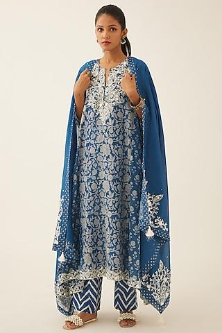 blue cotton chanderi printed asymmetrical kurta set
