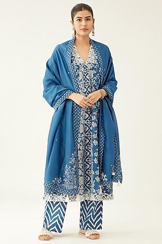 blue cotton chanderi printed kurta set
