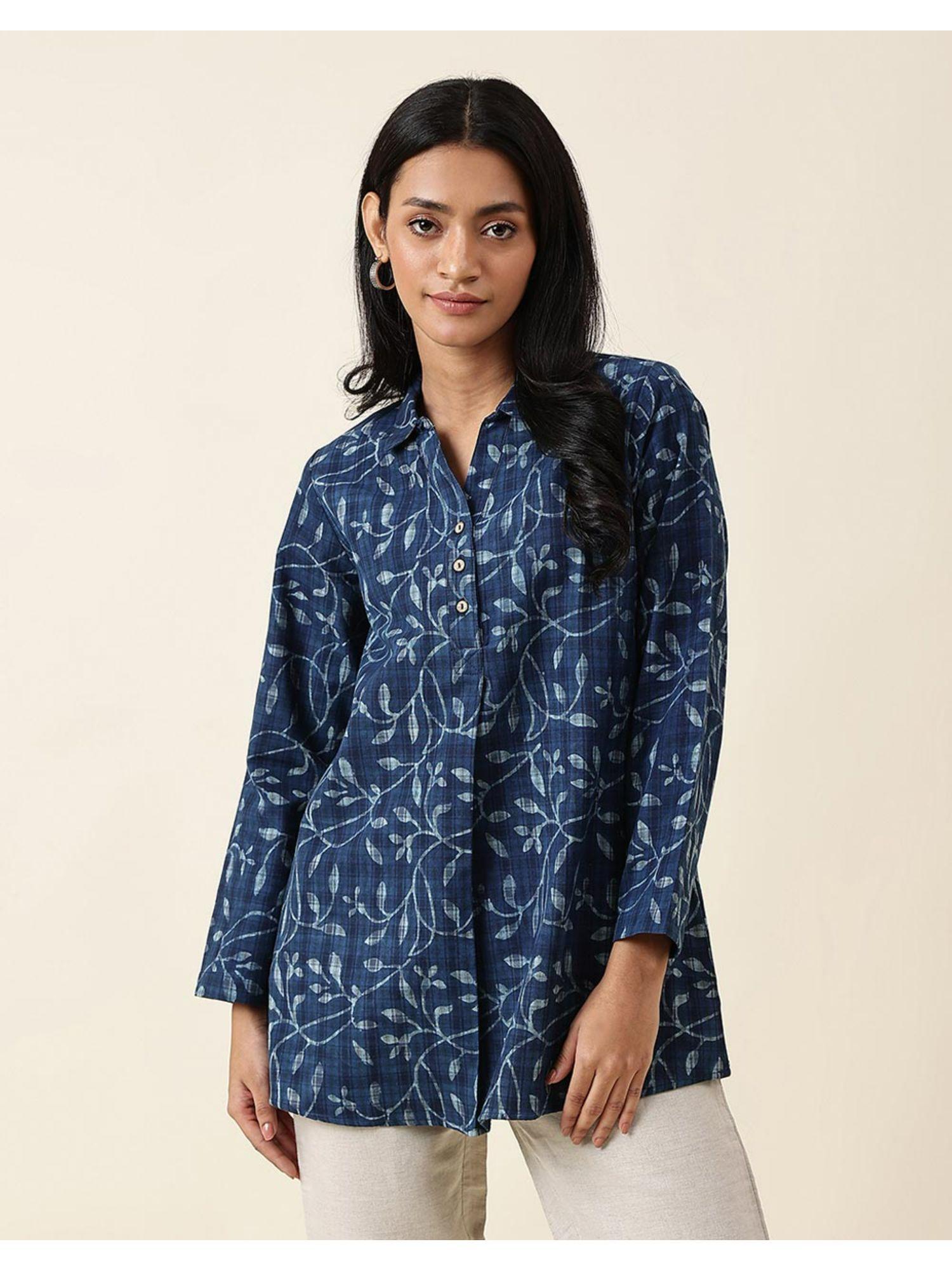 blue cotton checks hand block printed tunic