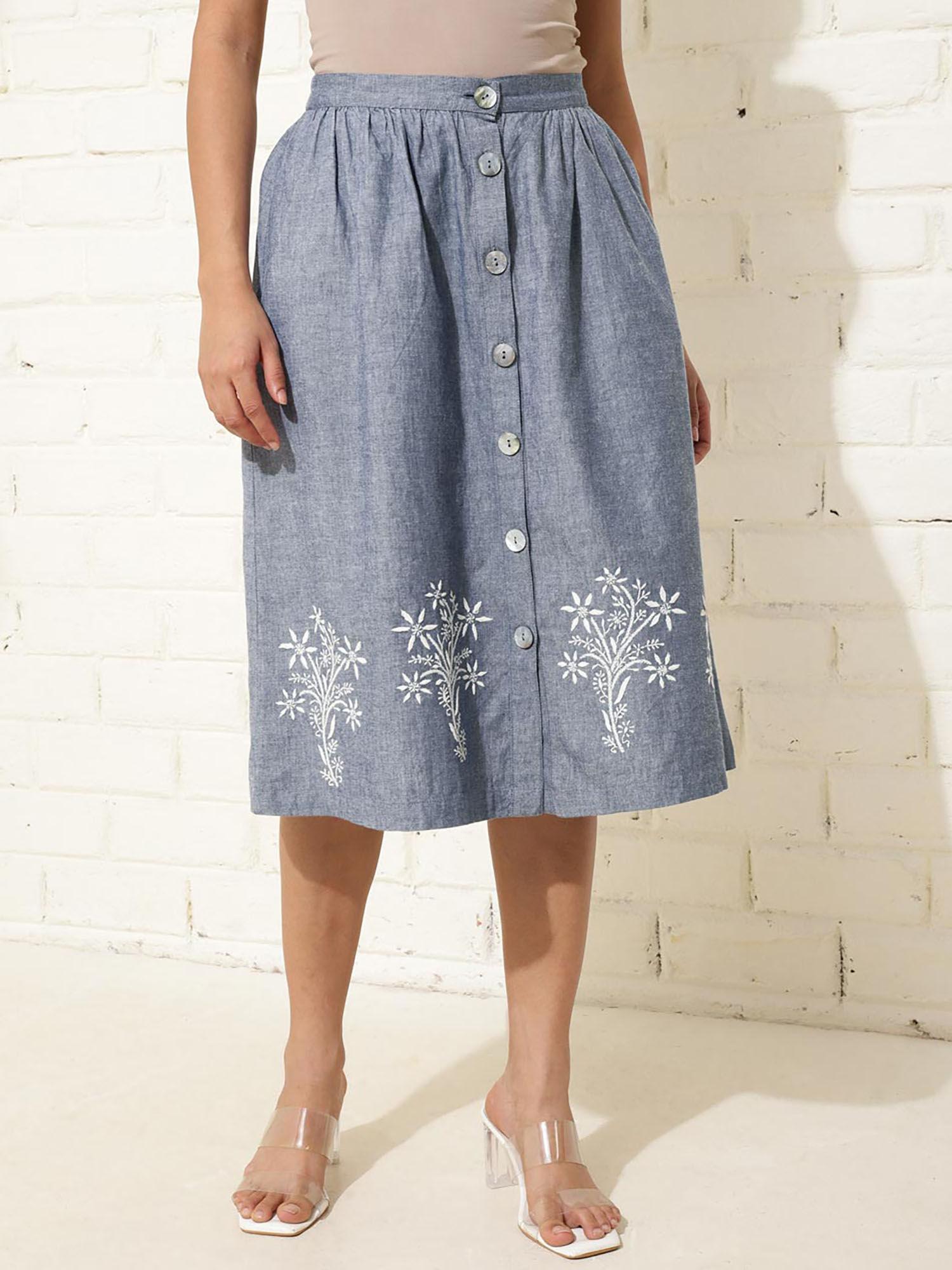 blue cotton chikankari embroidered midi skirt