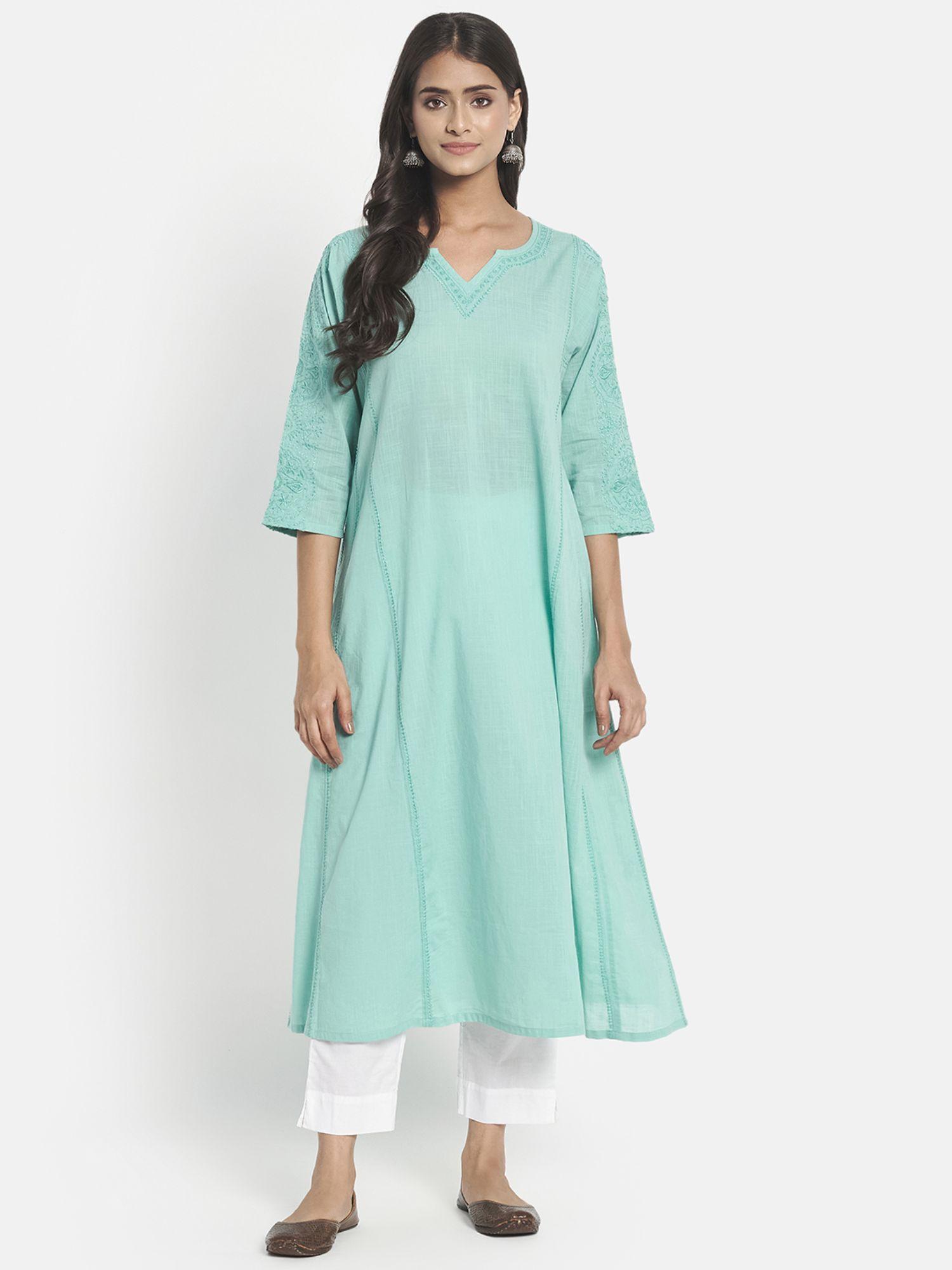 blue cotton chikankari long kurta