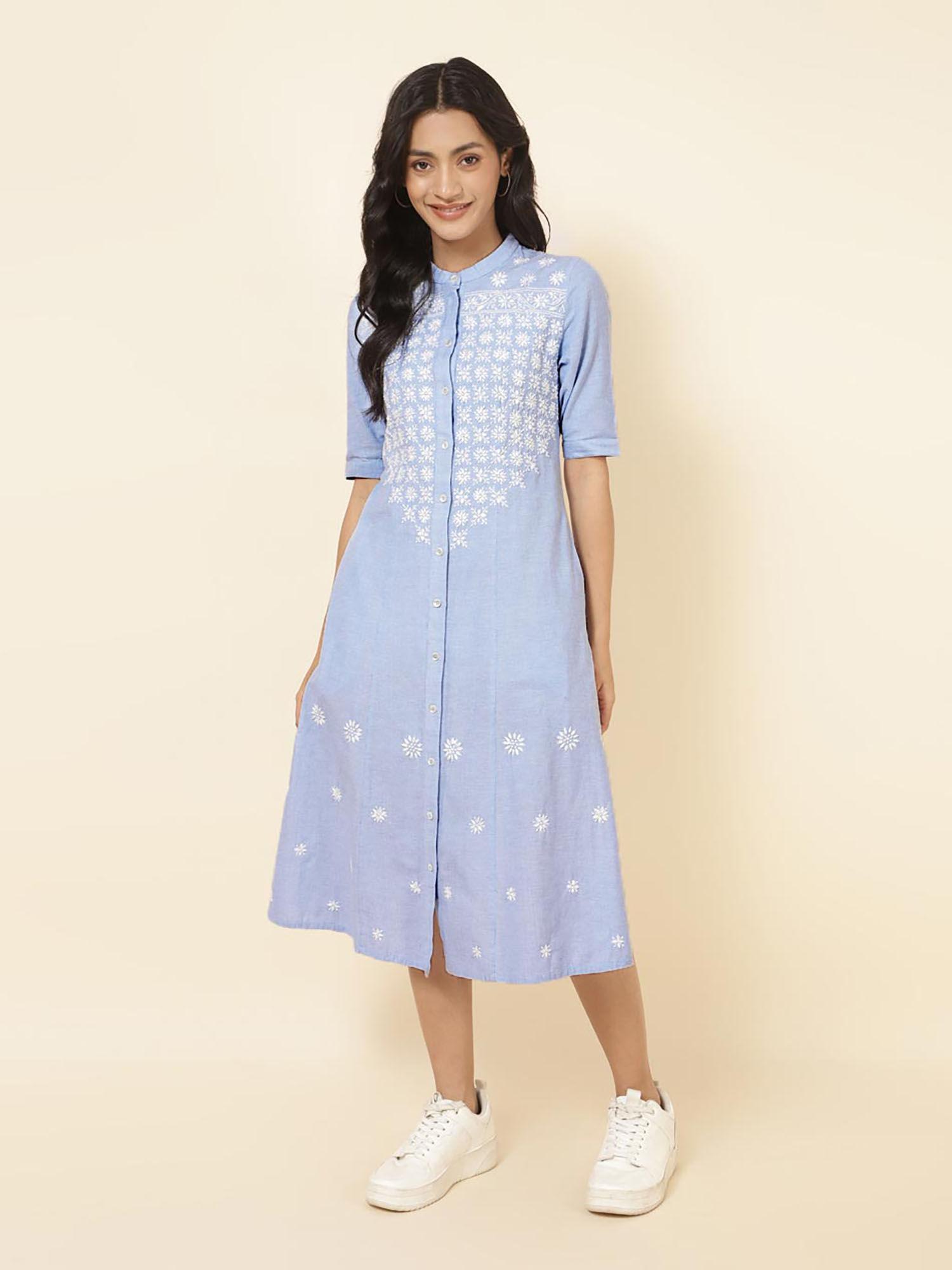 blue cotton chikankari midi dress