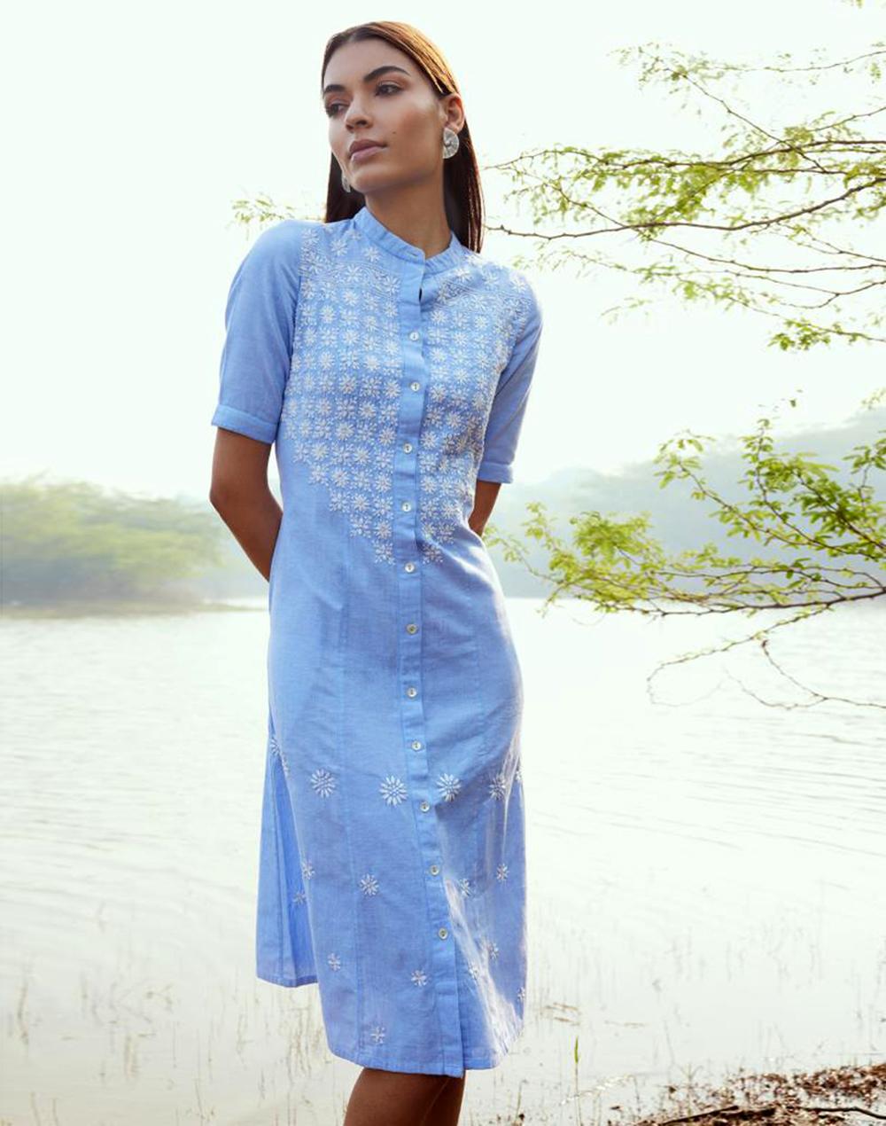 blue cotton chikankari midi dress