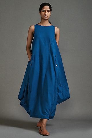 blue cotton cowl maxi dress