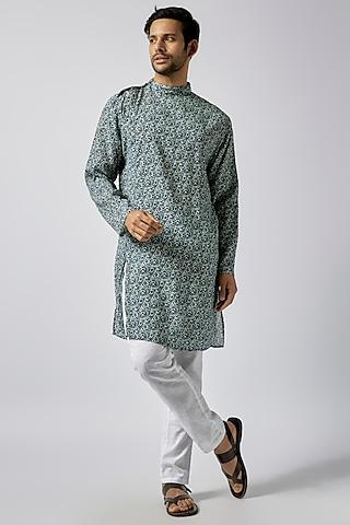 blue cotton crepe printed asymmetric kurta set