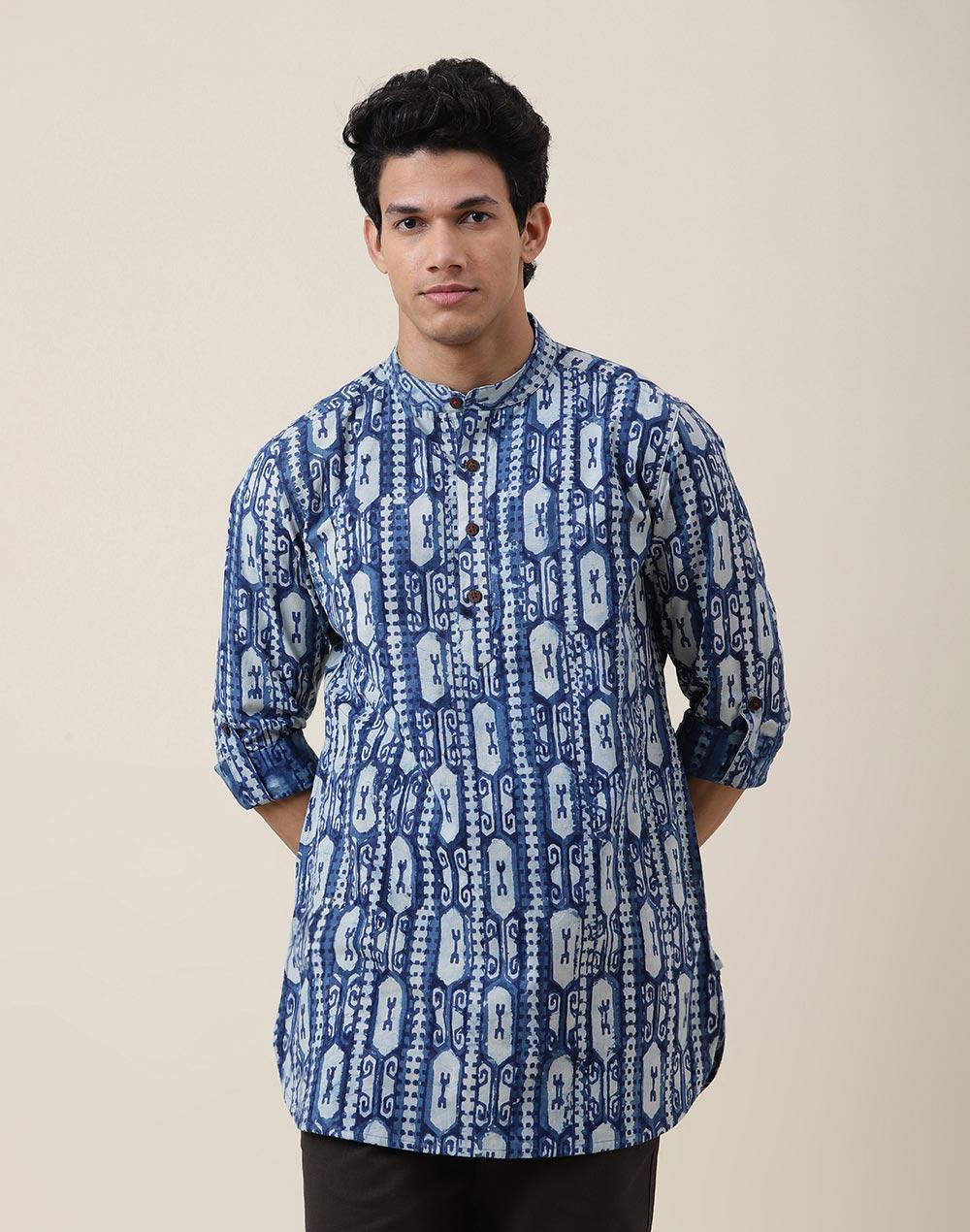 blue cotton dabu slim fit printed short kurta