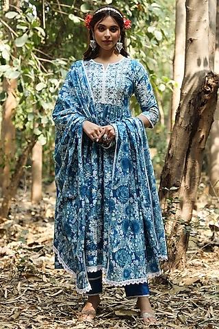 blue cotton digital printed chikankari anarkali set