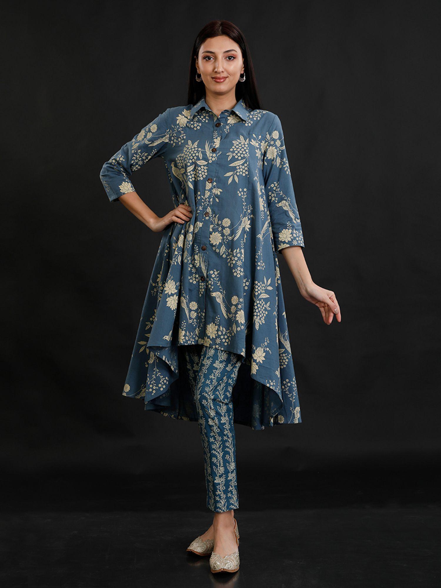 blue cotton discharge print kurta (set of 2)