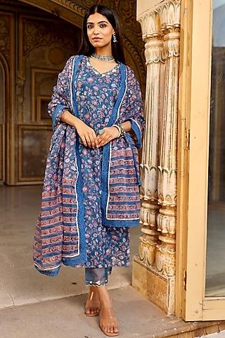 blue cotton doria hand block printed kurta set