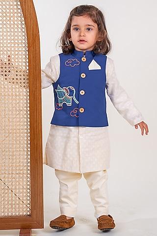 blue cotton elephant embroidered bundi jacket set for boys