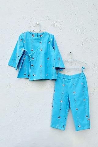 blue cotton embroidered co-ord set for girls