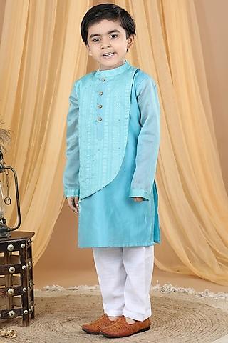 blue cotton embroidered kurta set for boys