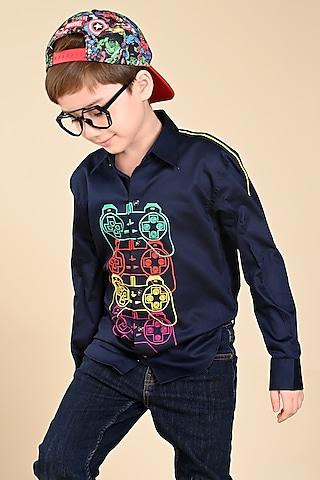 blue cotton embroidered shirt for boys