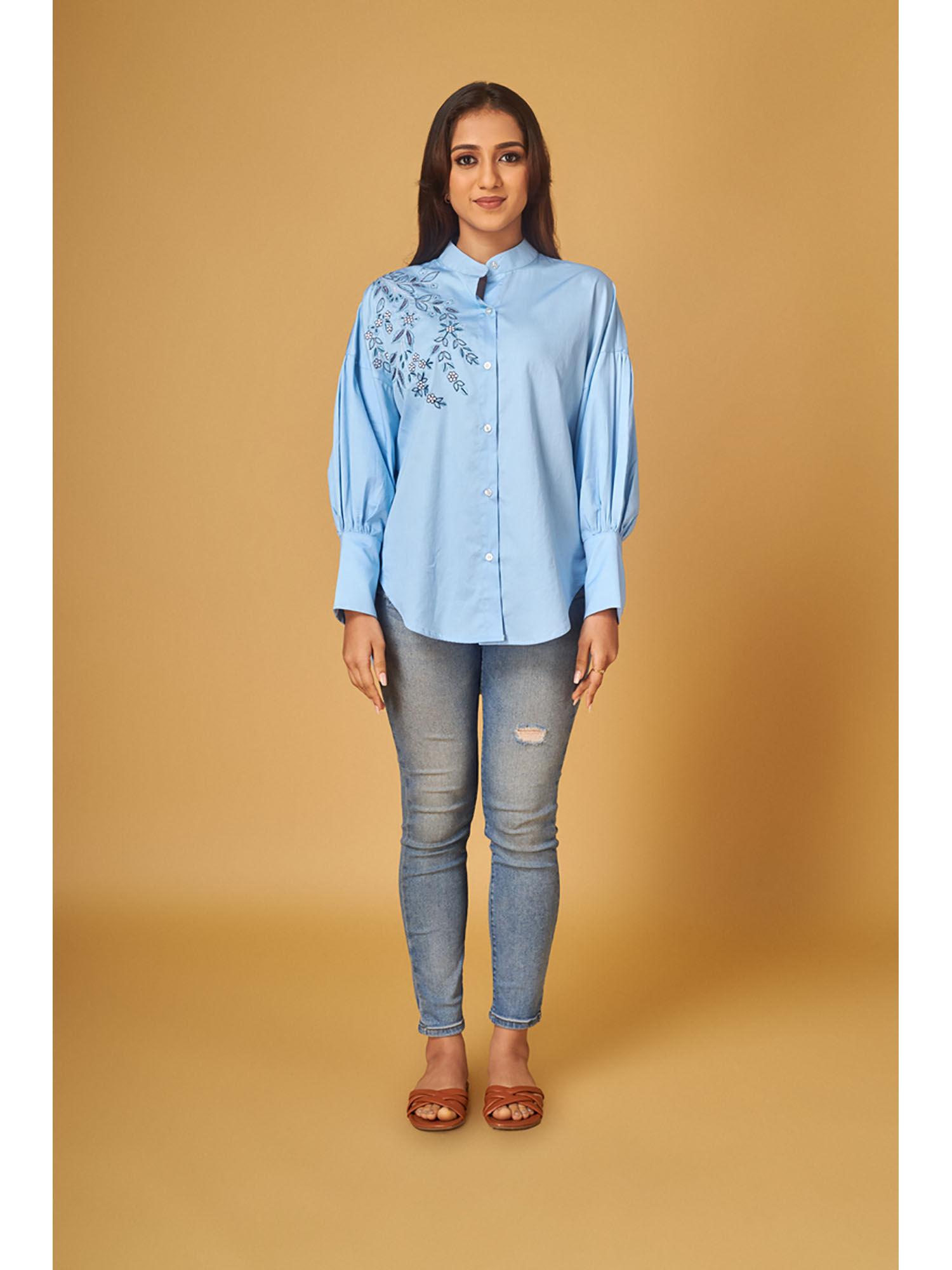 blue cotton embroidered shirt