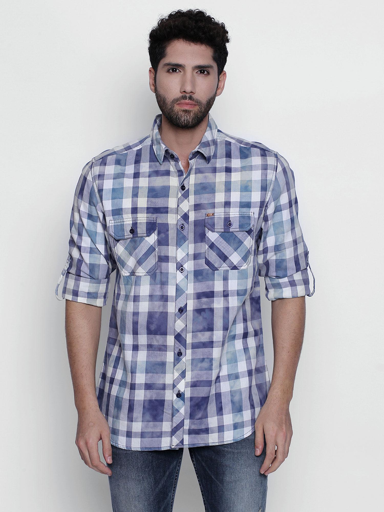 blue cotton fabric full sleeve checkered shirt for men