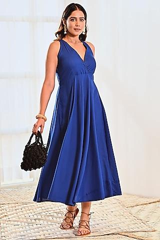 blue cotton flared midi dress