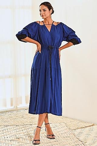 blue cotton flared midi dress