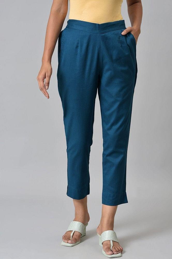 blue cotton flax trouser pants