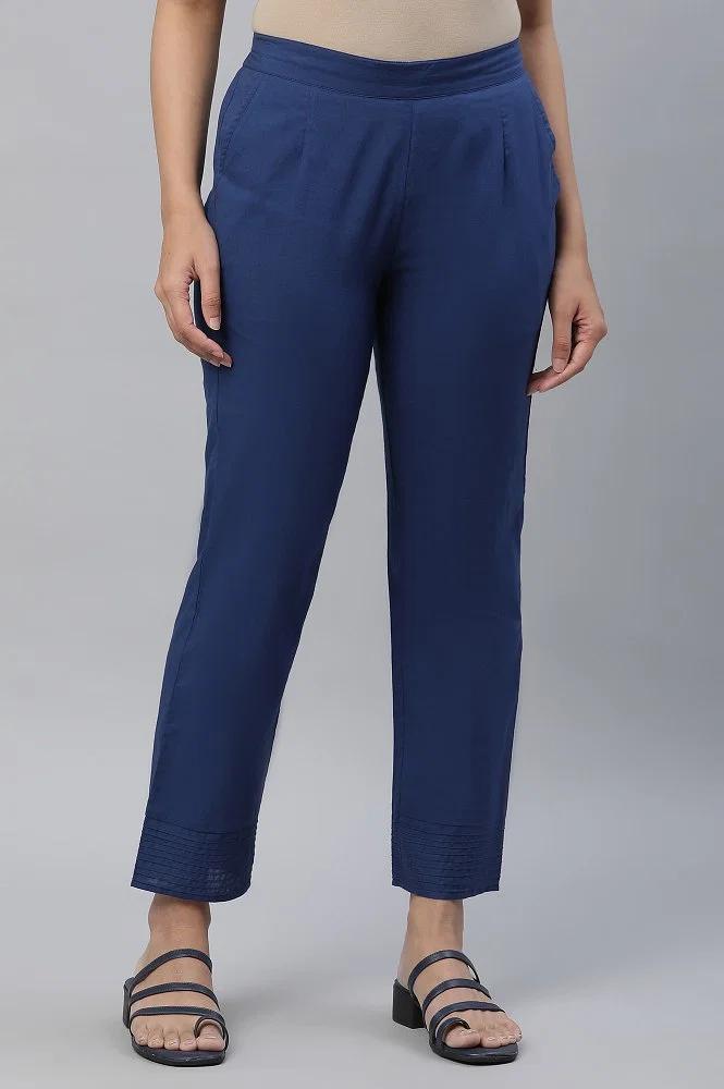 blue cotton flax trouser pants