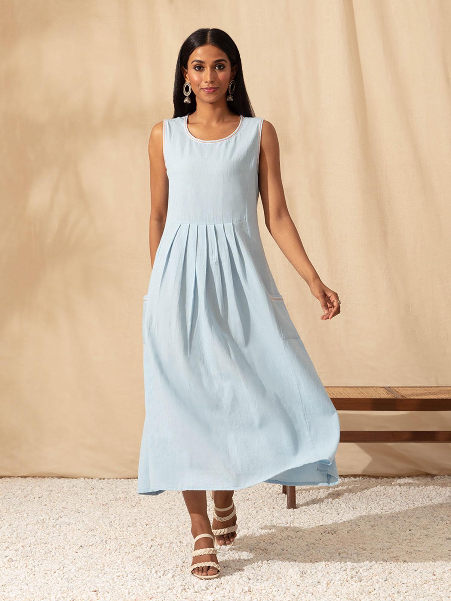 blue cotton flex embroidered gather dress likdrs76